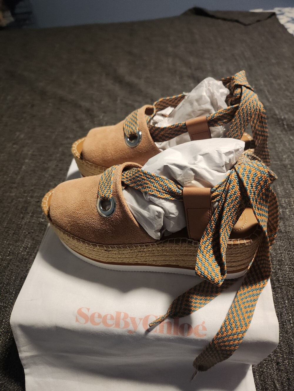 NEW See By Chloé Tan Suede Lace-Up Espadrille Platform Sandals w/ Box & Dust Bag - Picture 4 of 4